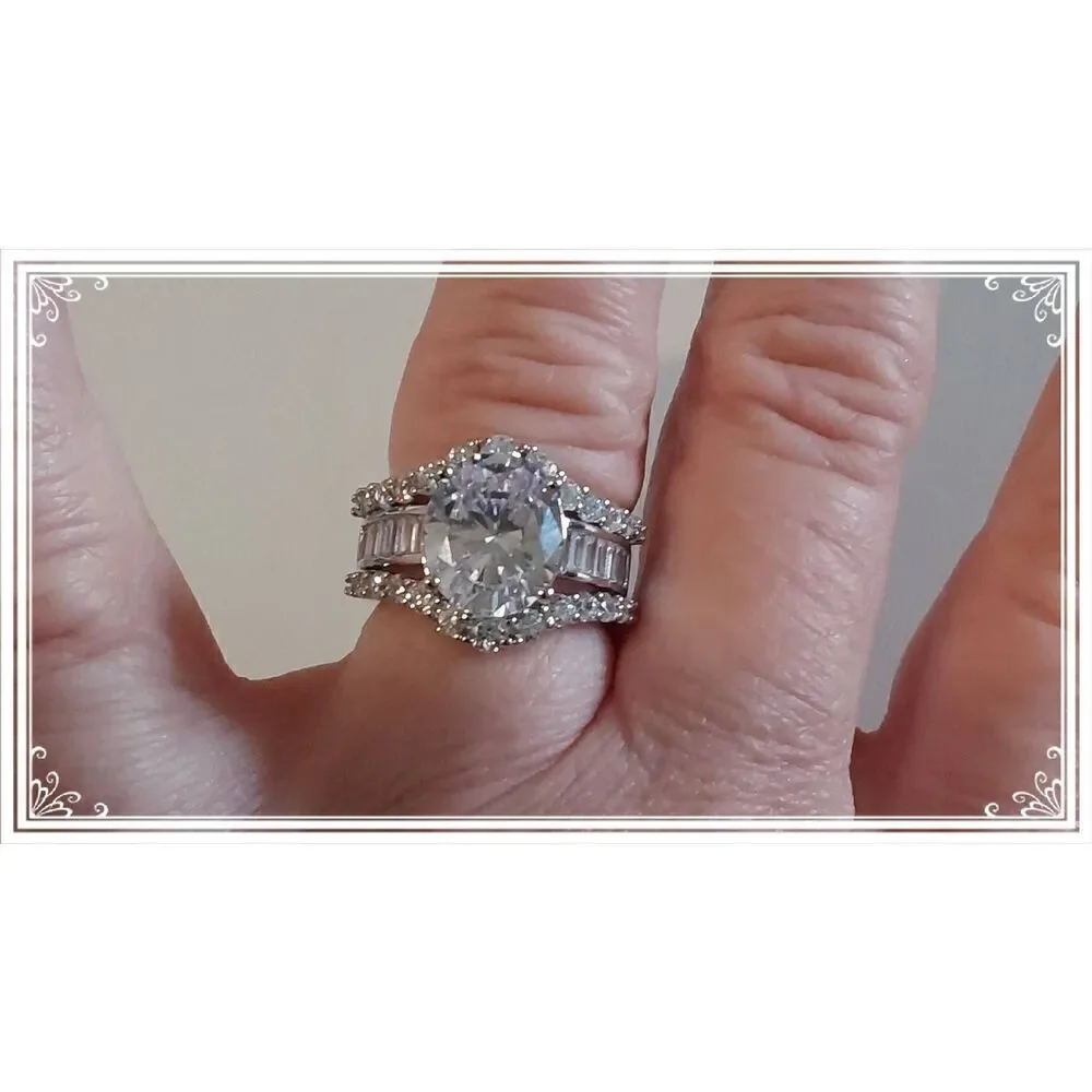 Gorgeous 10.18 Ct. Genuine Diamond Simulant Oval~Baguette~Round Bridal Set #8
